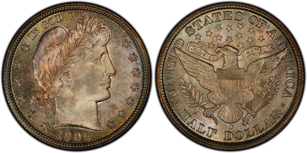 Comparison of worn 1906-O Barber half dollar vs uncirculated gem-grade 1906-O showing eagle feather detail