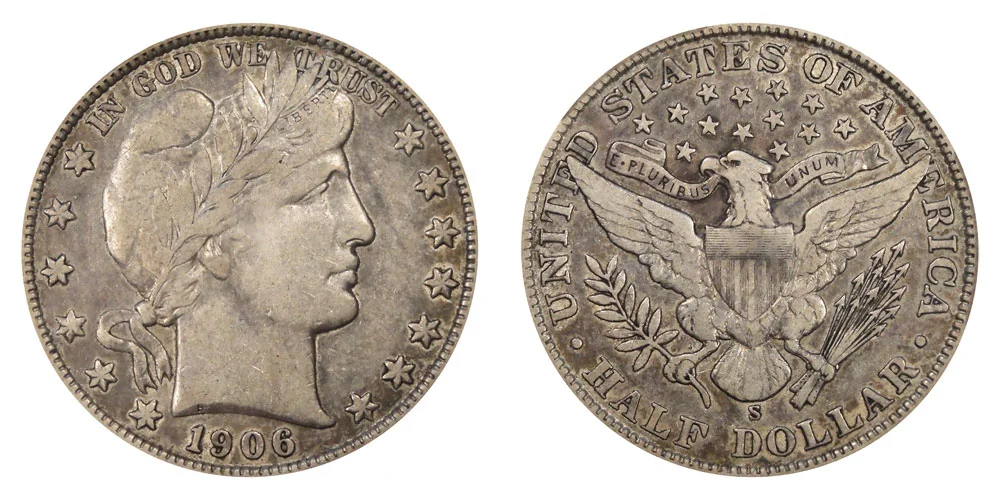 1906-S Barber Half Dollar Inverted Mintmark FS-501 variety showing reversed S punch on reverse