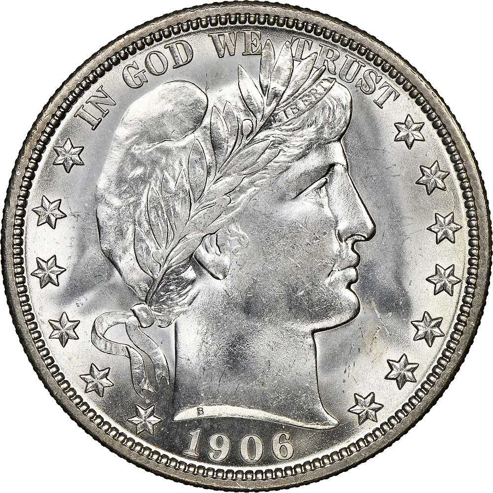 1906-O Barber Half Dollar showing the 'mumps' die swelling on Liberty's neck diagnostic of New Orleans Mint