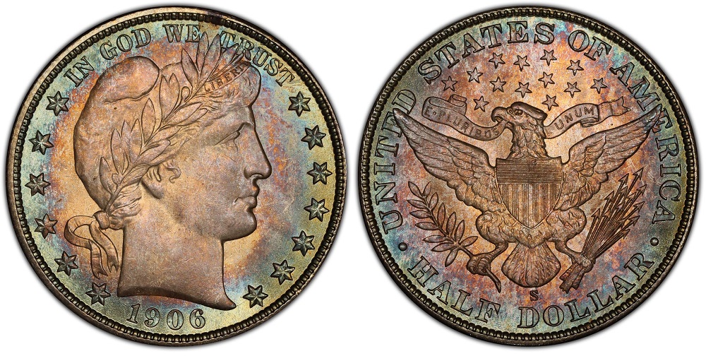 High-grade 1906-S Barber Half Dollar showing S mintmark, original luster, and rainbow toning