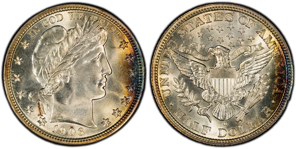 1906 Barber Half Dollar cud die break error showing raised metal blob at coin rim where die broke away