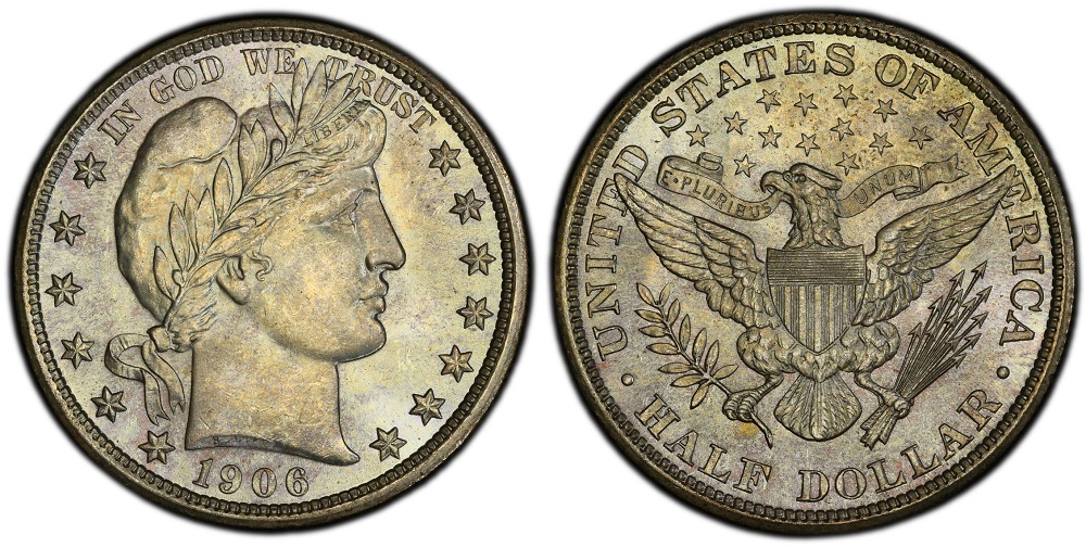 Historical photo of U.S. Mint facility circa 1906 or group display of 1906 Barber Half Dollars from all four mints