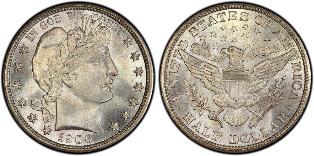 Grading strip showing four 1906 Barber Half Dollars from Good through Gem Uncirculated condition for comparison